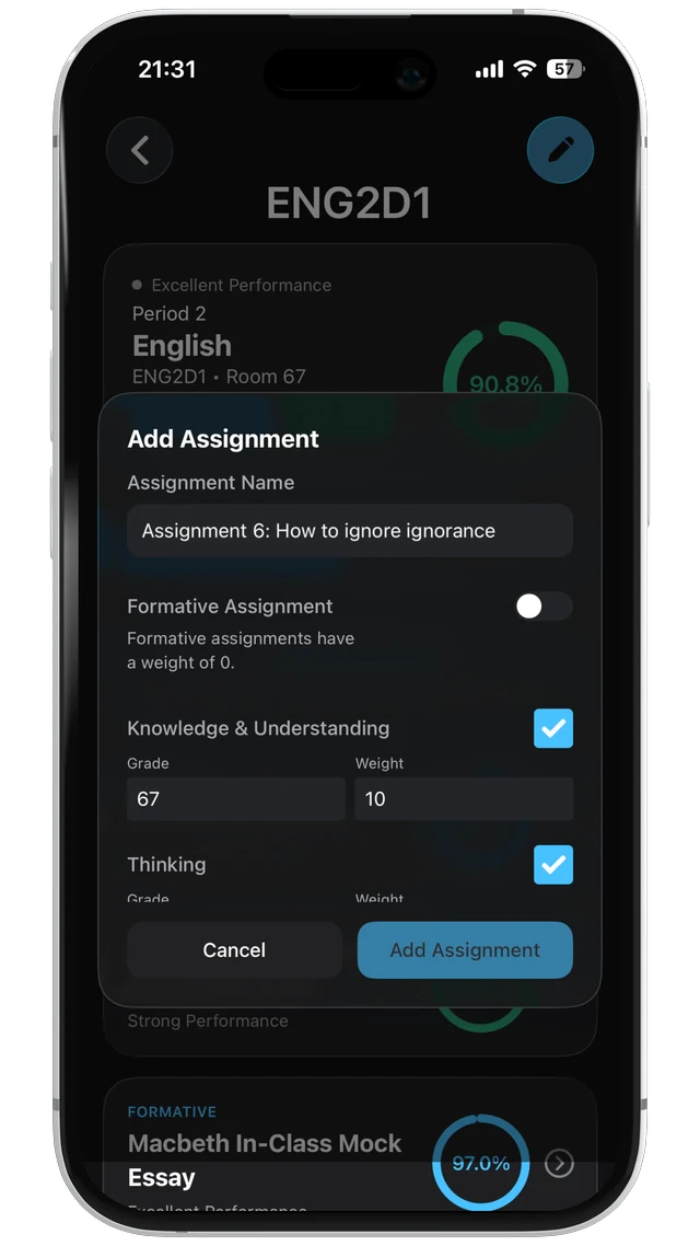 Tap to view Edit assignment and simulate grade outcomes